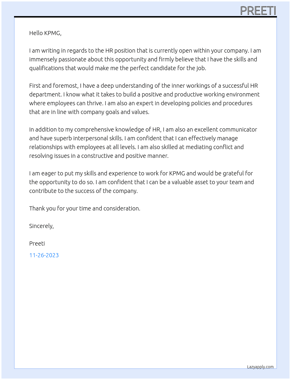 hr At kpmg Cover Letter