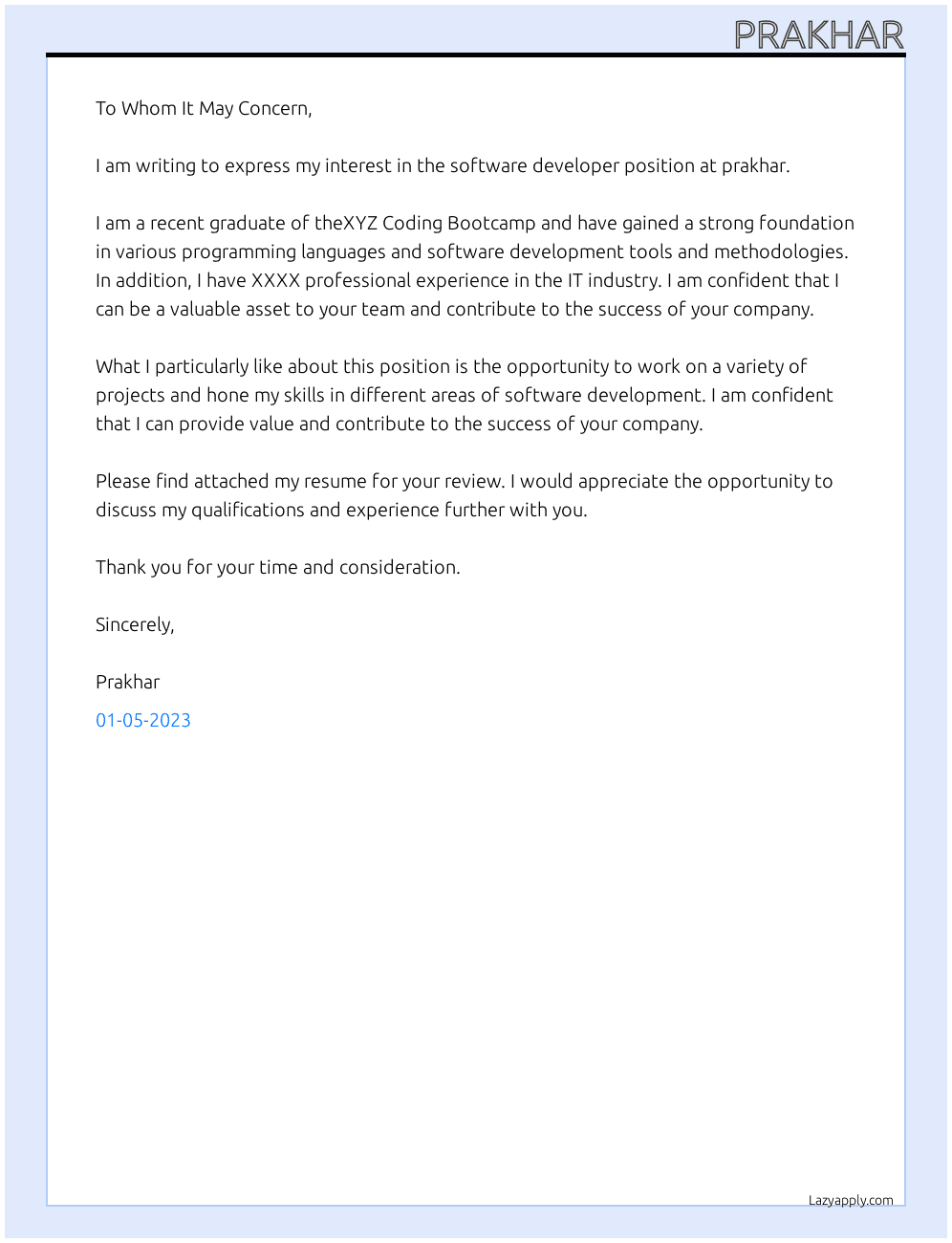software developer At prakhar Cover Letter
