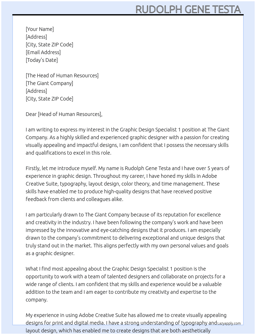 Graphic Design Specialist 1 At The Giant Company  Cover Letter