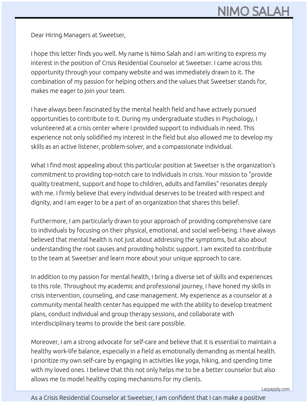 Crisis residential counselor  At Sweetser  Cover Letter