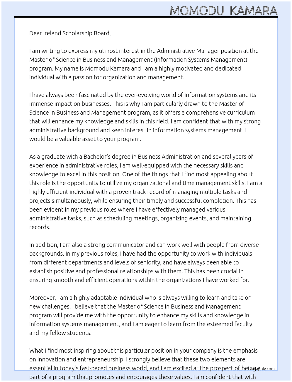 ADMINISTRATIVE MANAGER At Master of Science in Business and Management (Information Systems Management) Cover Letter