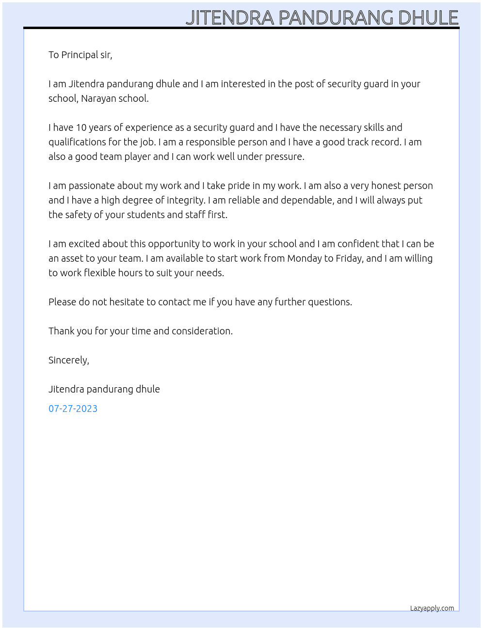 The post of security guard  At Narayan school  Cover Letter