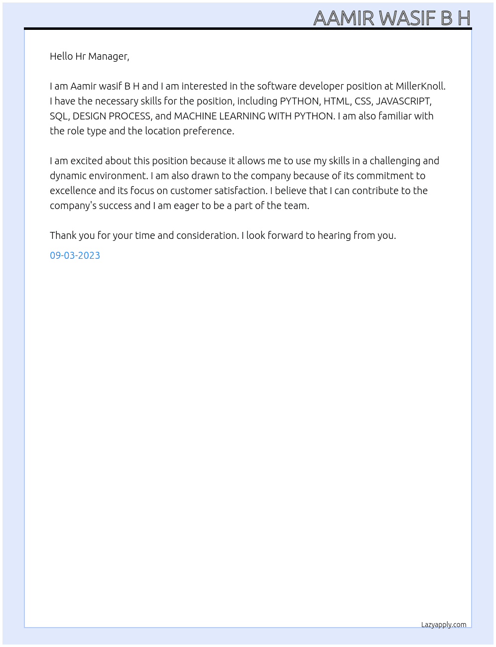 software developer At  MillerKnoll Cover Letter