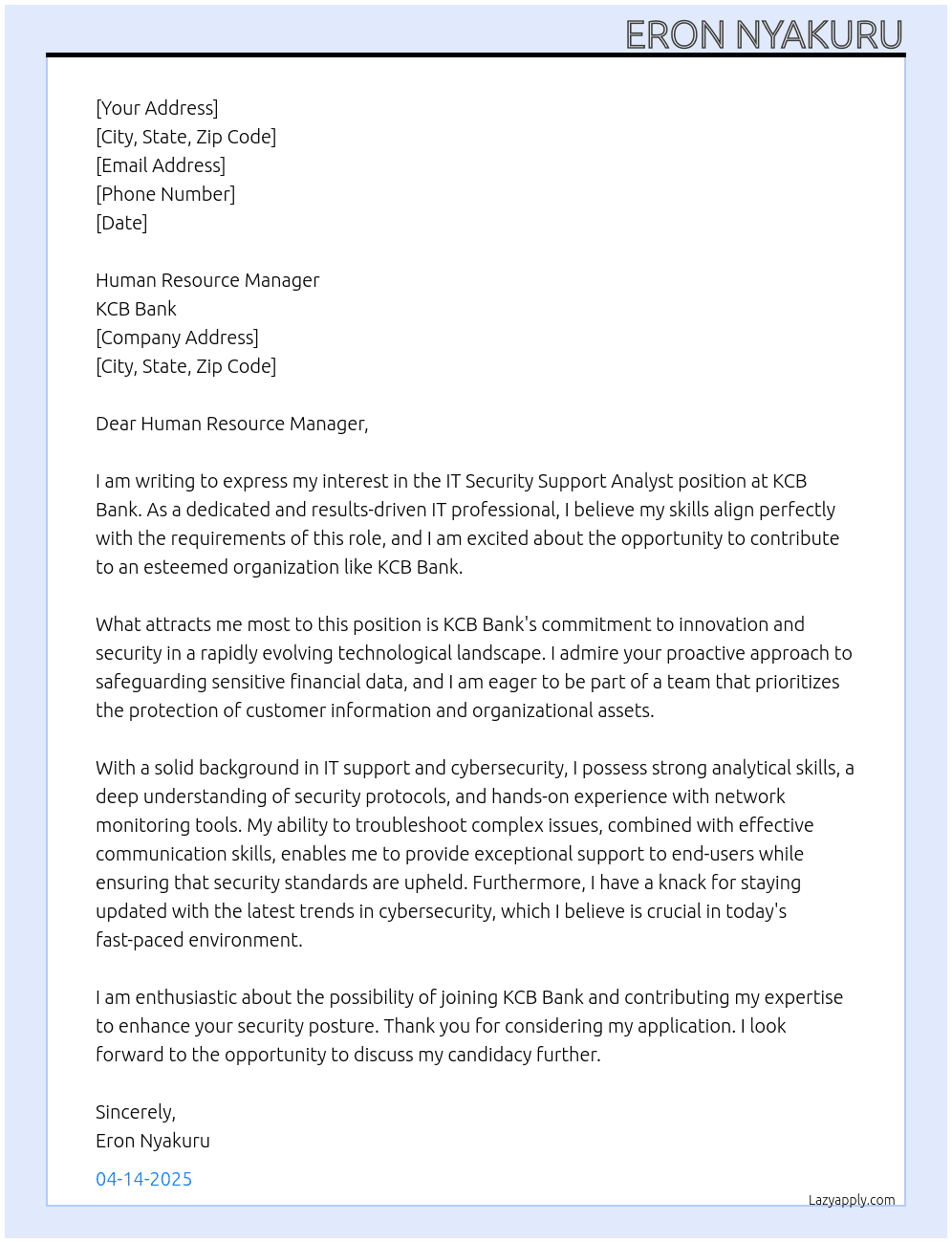 IT Security Support Analyst  At KCB BANK Cover Letter
