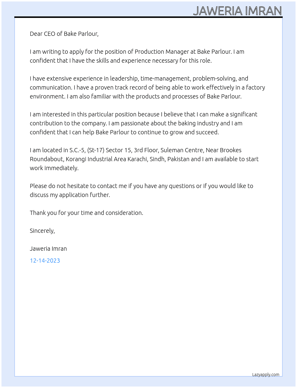Production manager At Bake parlour Cover Letter
