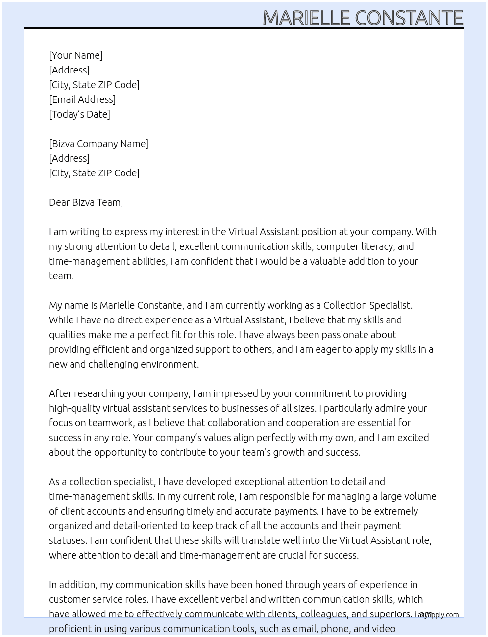 Virtual Assistant with no experience, and currently working as collection specialist At Bizva Cover Letter