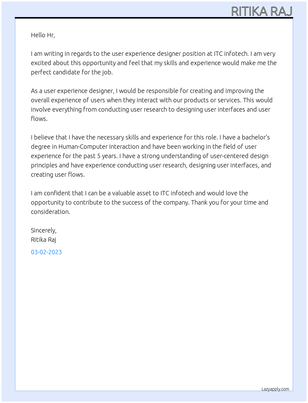 User experience designer  At ITC infotech Cover Letter