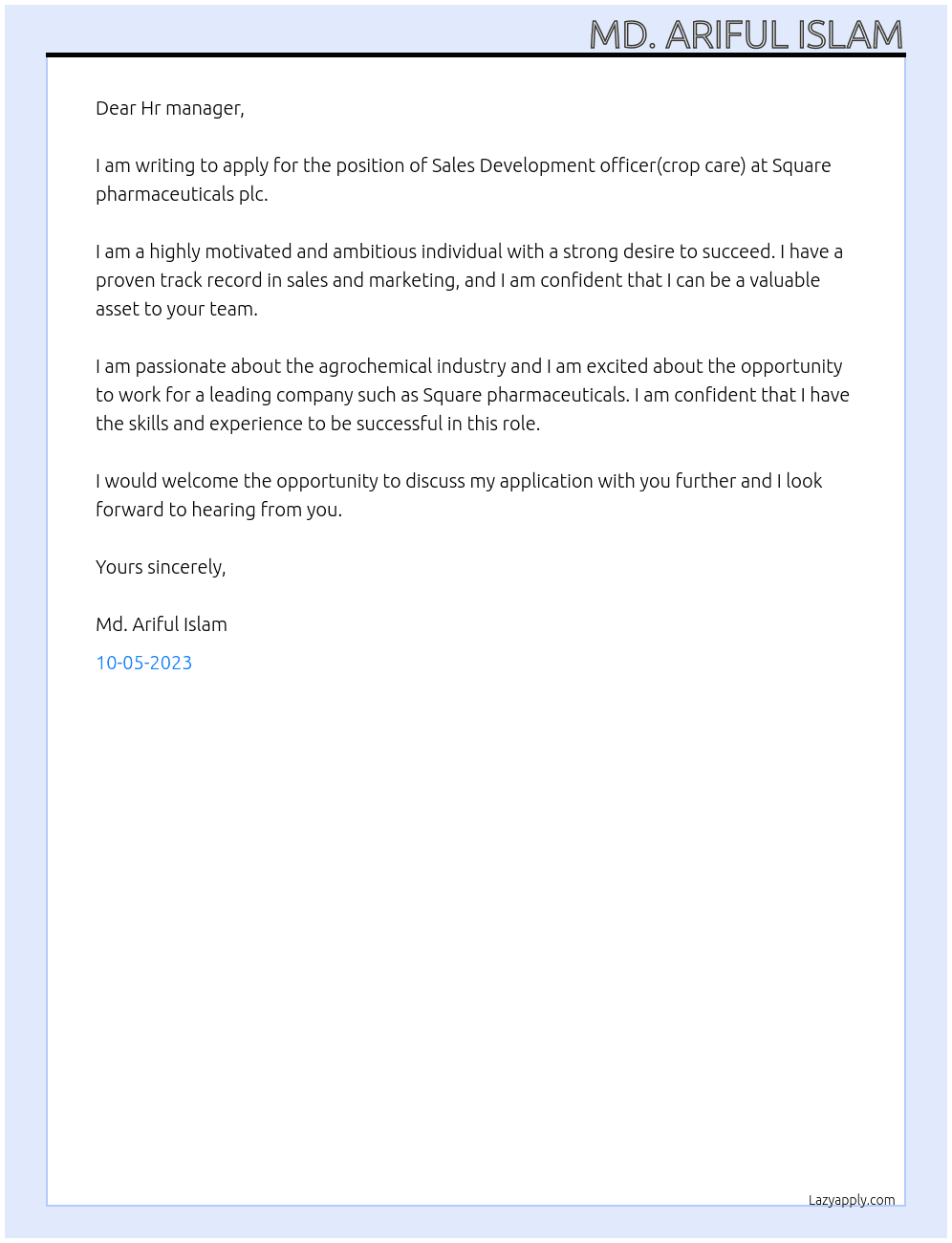 Sales Development officer(crop care) At Square pharmaceuticals  plc Cover Letter