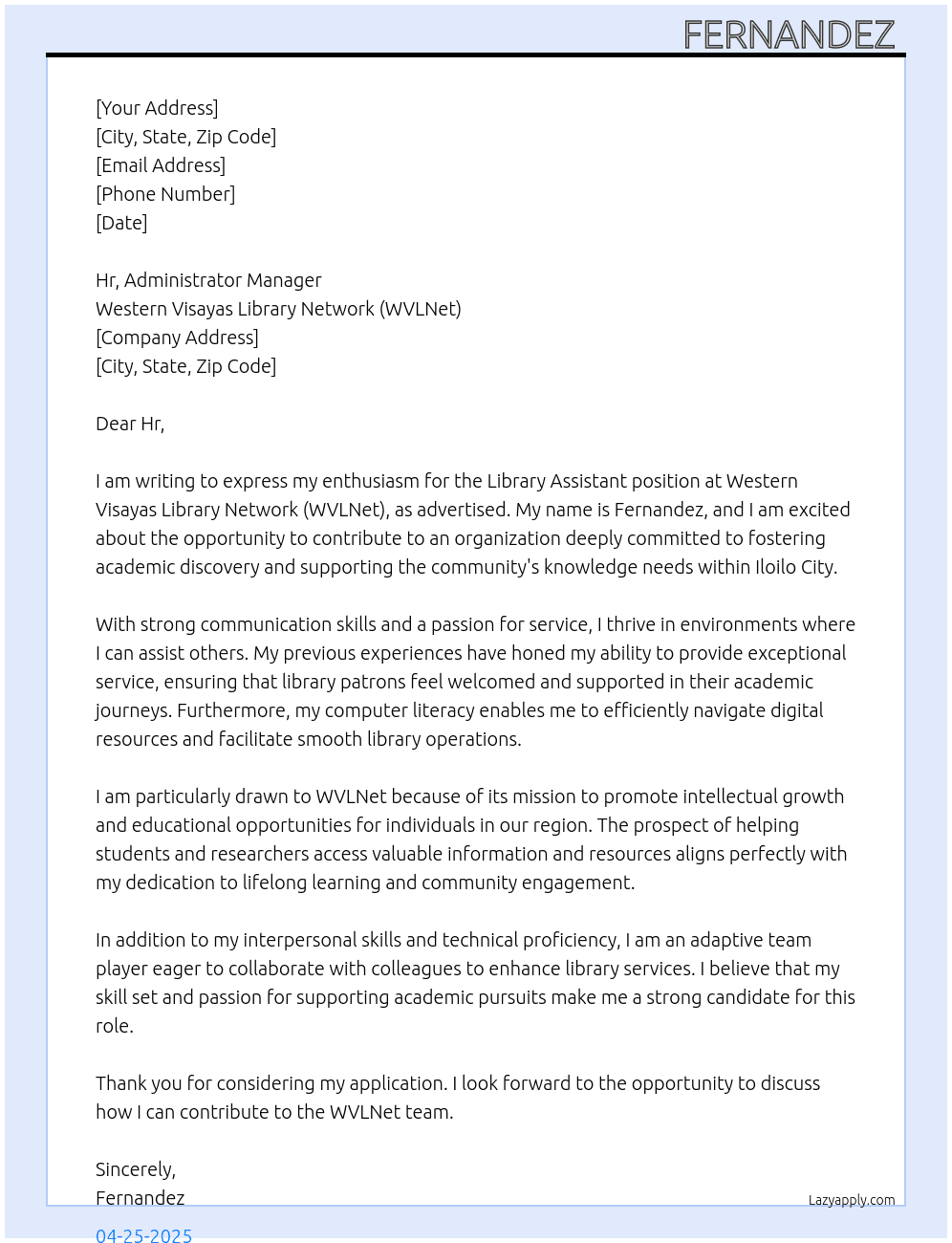 Library assistant  At Western Visayas Library Network (WVLNet) Cover Letter