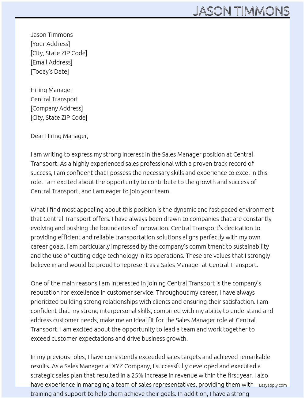 Sales Manager At Central Transport Cover Letter