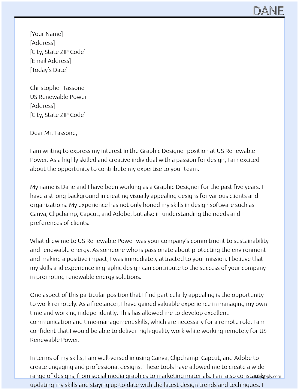 GraphicDesigner At US Renewable Power Cover Letter
