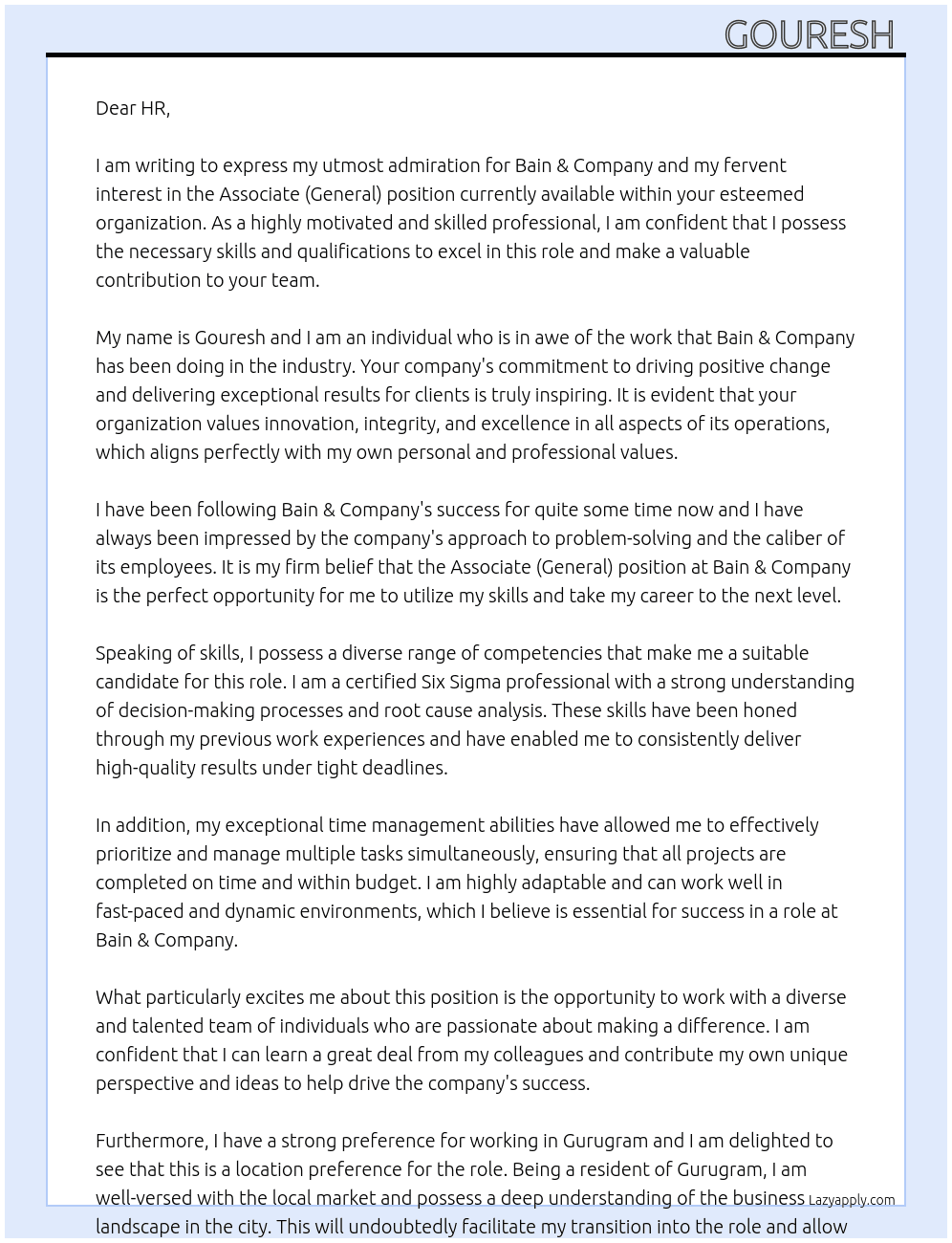 Cover letter for associate - general - LazyApply