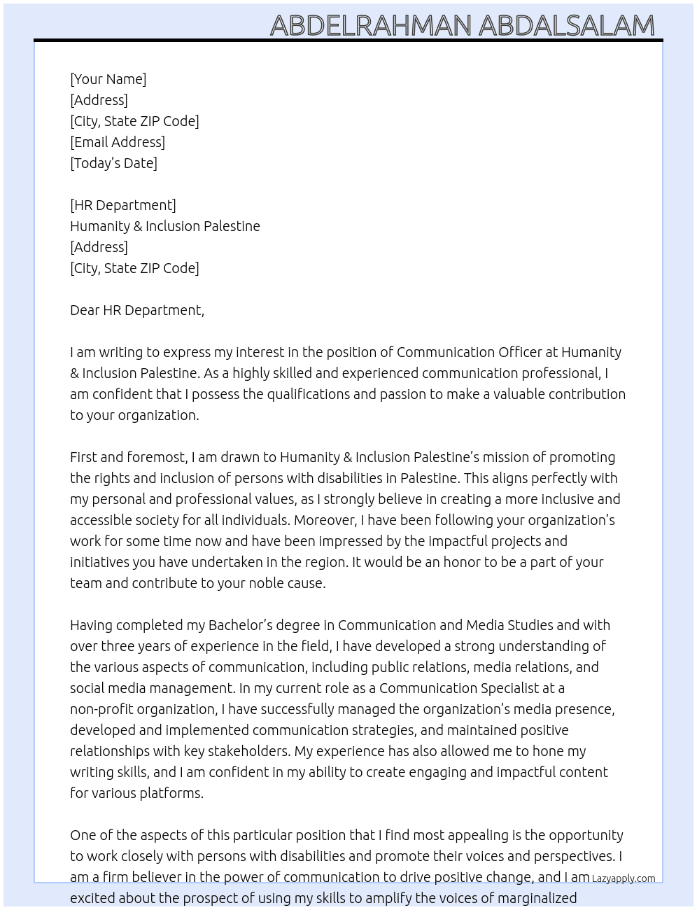 Communication Officer  At Humanity & Inclusion Palestine  Cover Letter