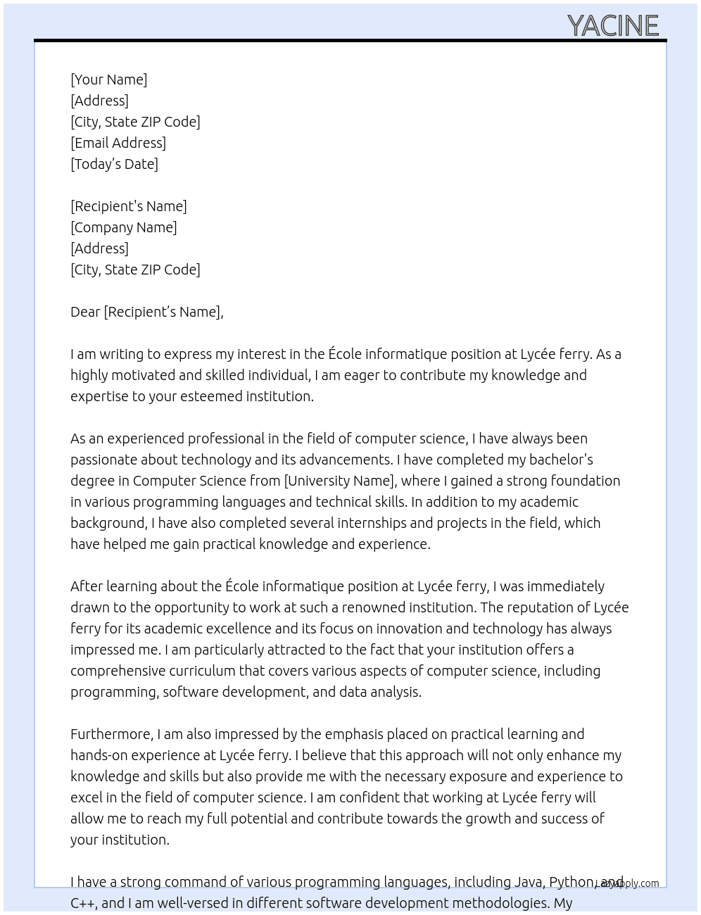 Cover letter for école informatique - LazyApply
