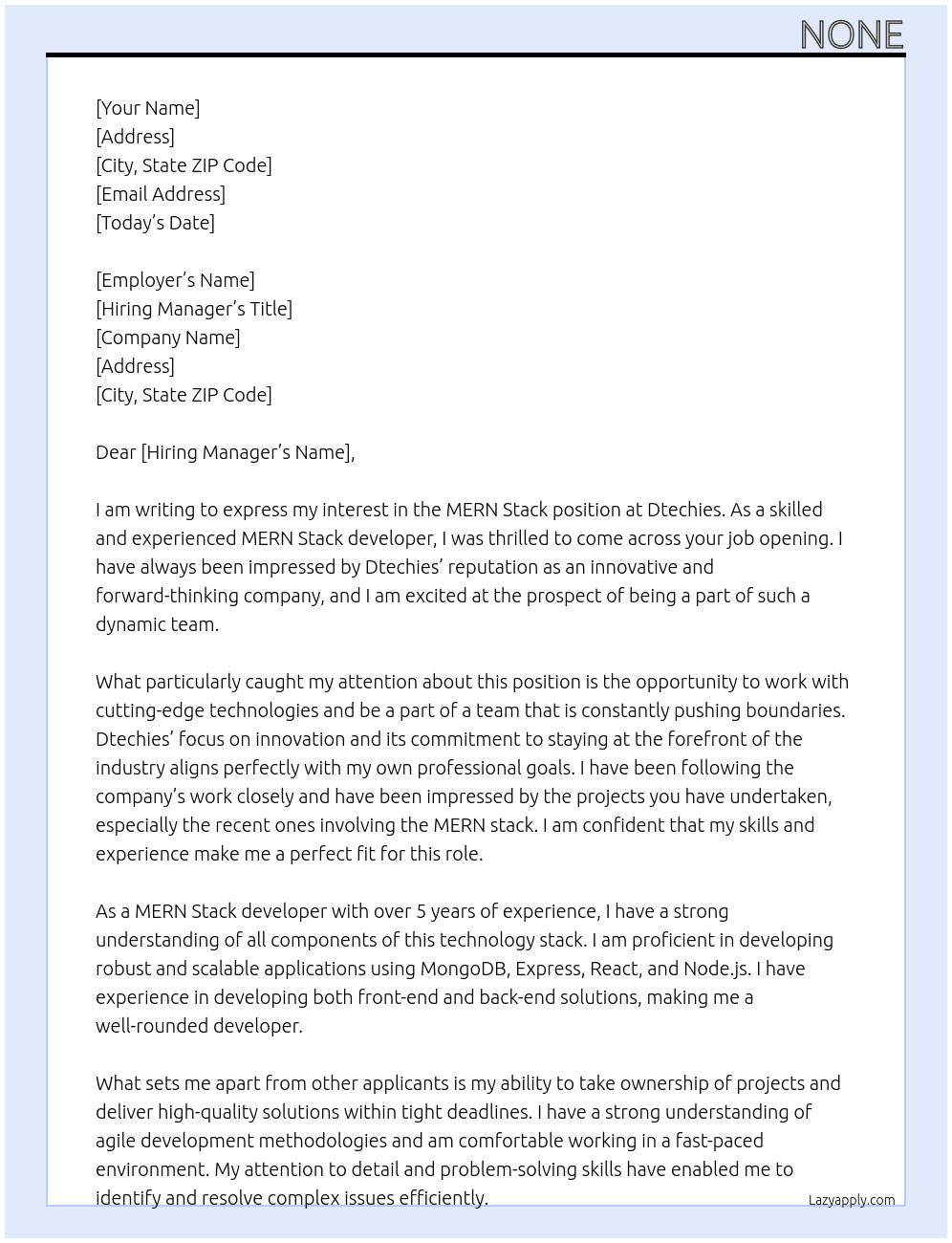 mern stack At Dtechies Cover Letter