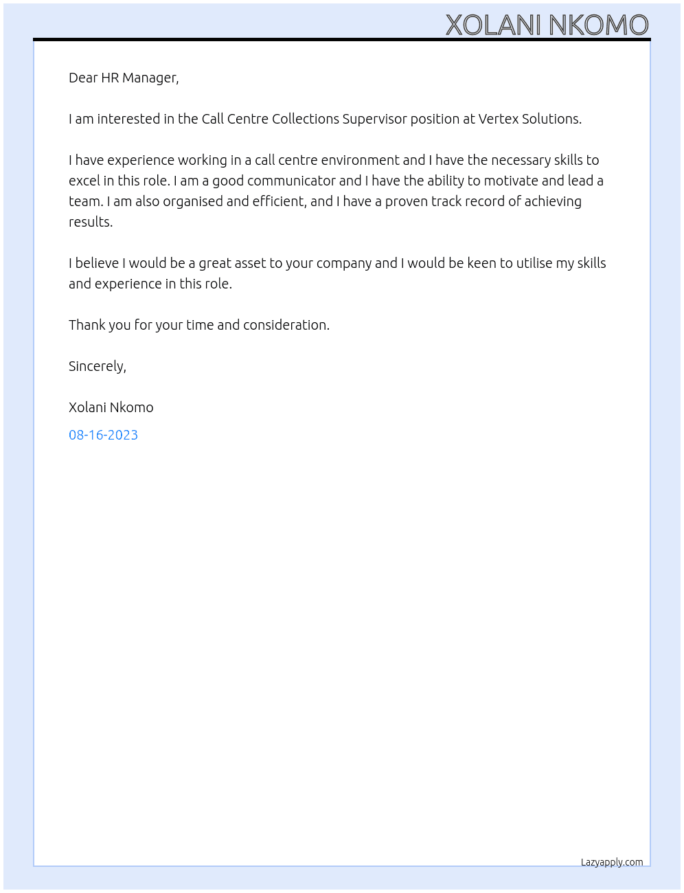 Call Centre Collections Supervisor At Vertex Solutions Cover Letter