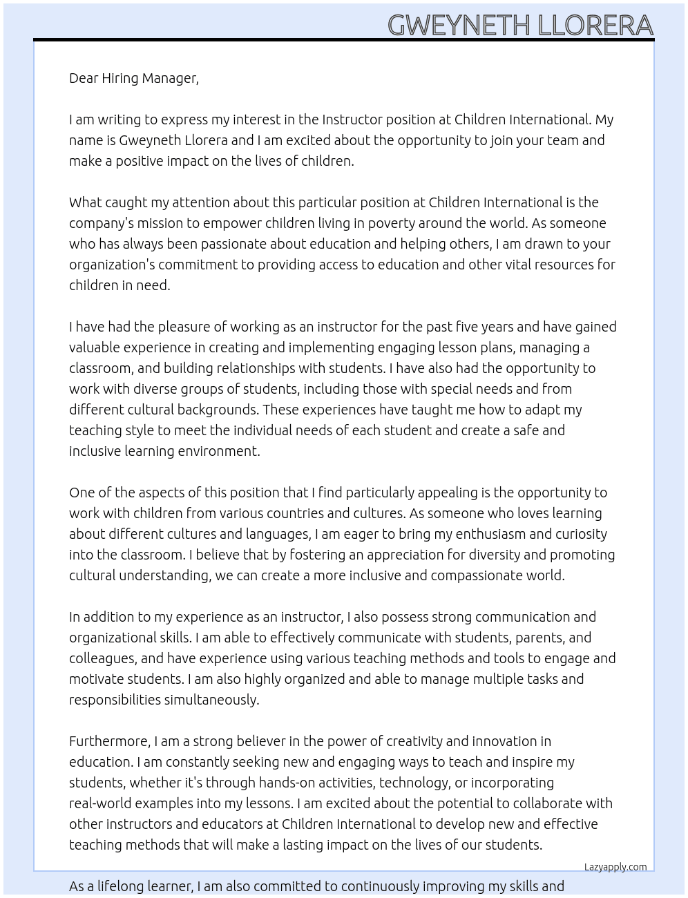 Instructor At Children Interntaional  Cover Letter
