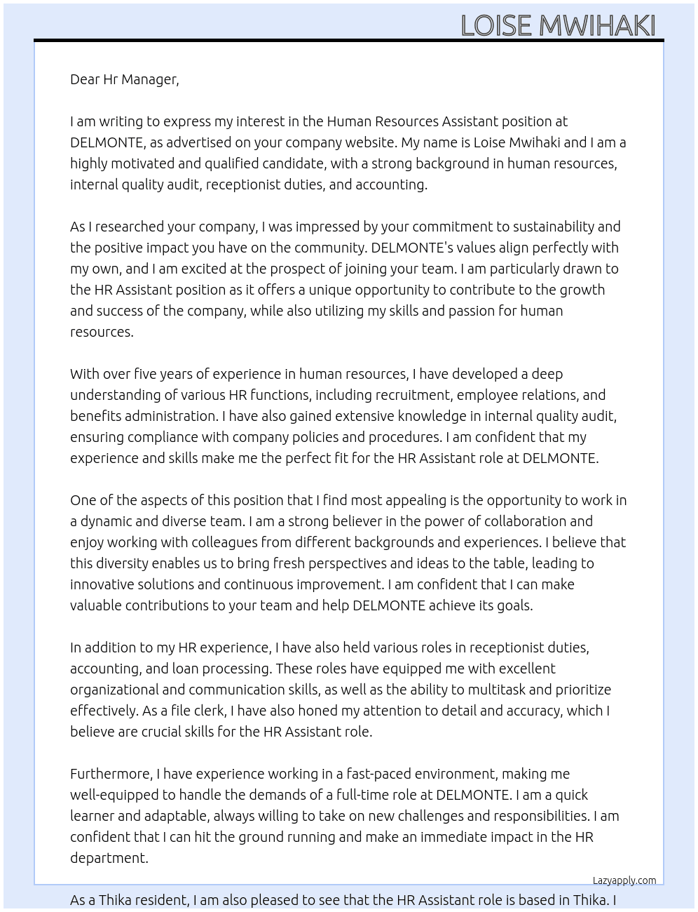 Human Resources Assistant At DELMONTE Cover Letter