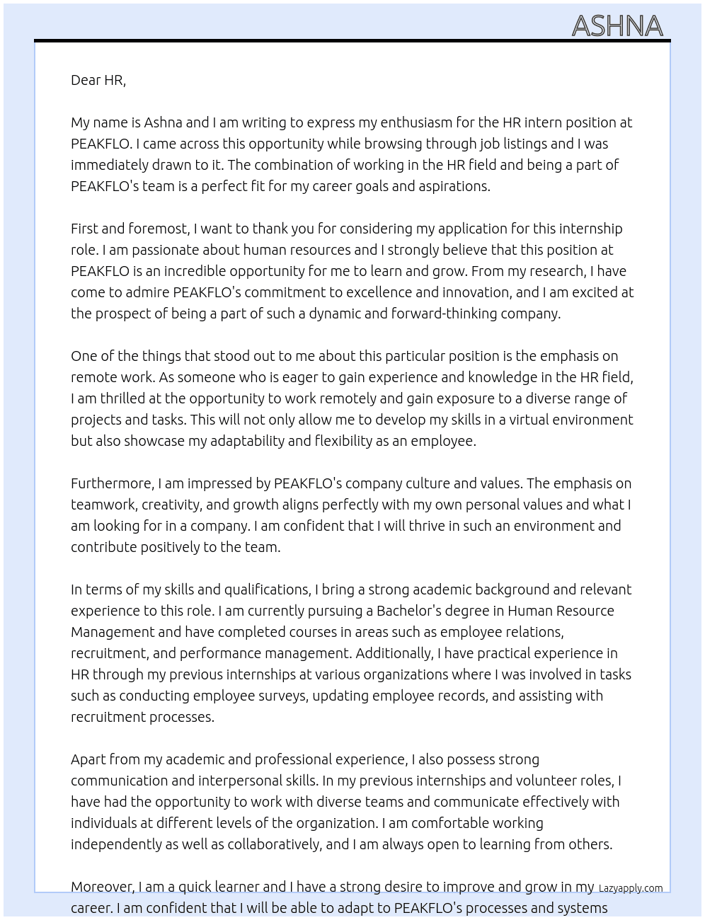 HR intern At PEAKFLO Cover Letter