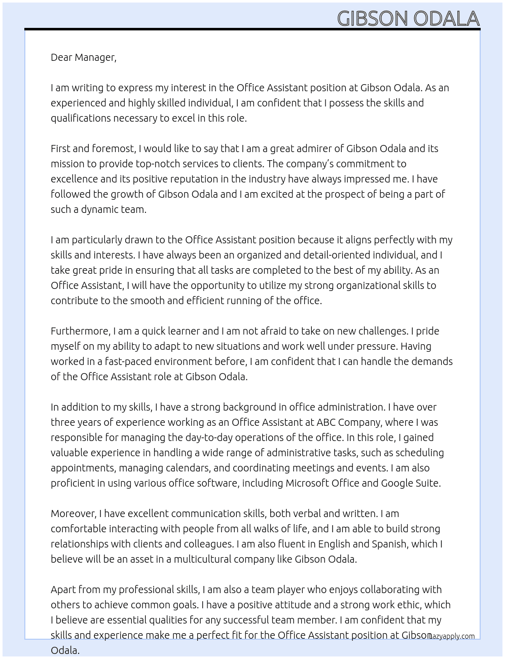 Office Assistant At Gibson Odala Cover Letter