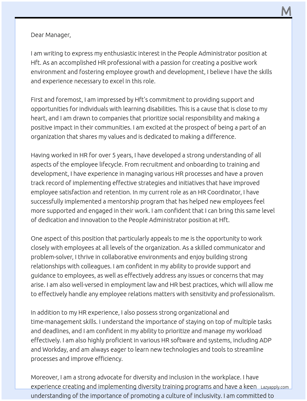 People Administrator At Hft Cover Letter