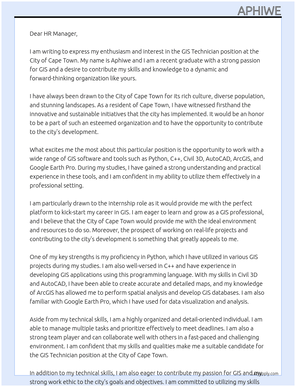 GIS technician At City of Cape Town Cover Letter