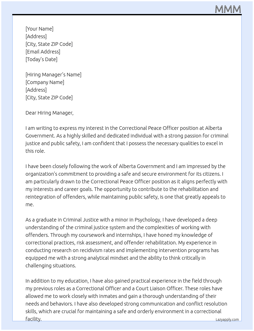 Correctional peace officer At Alberta government  Cover Letter