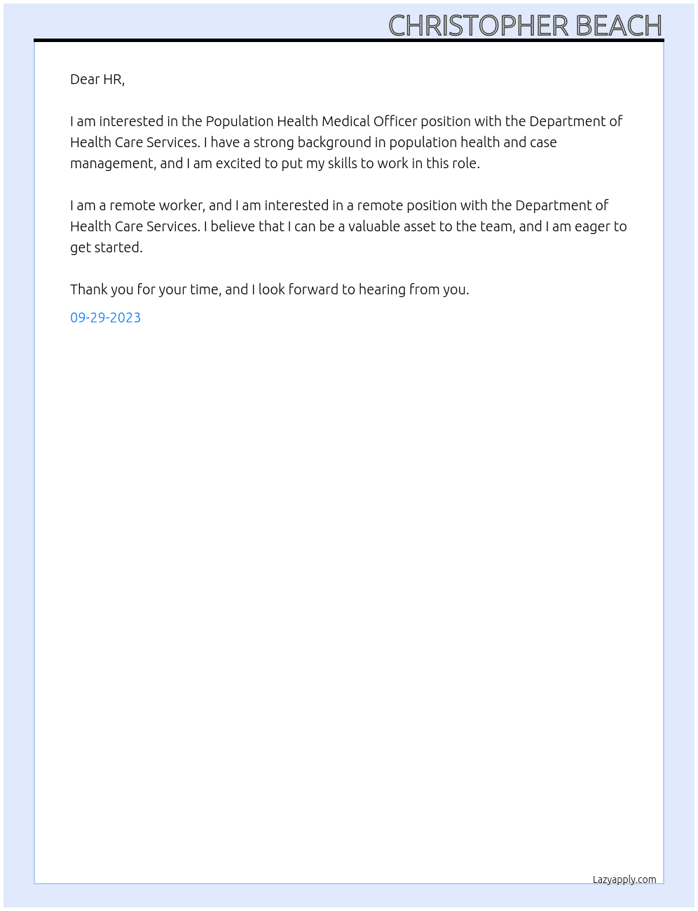 Population Health Medical Officer At Department of Health Care Services Cover Letter