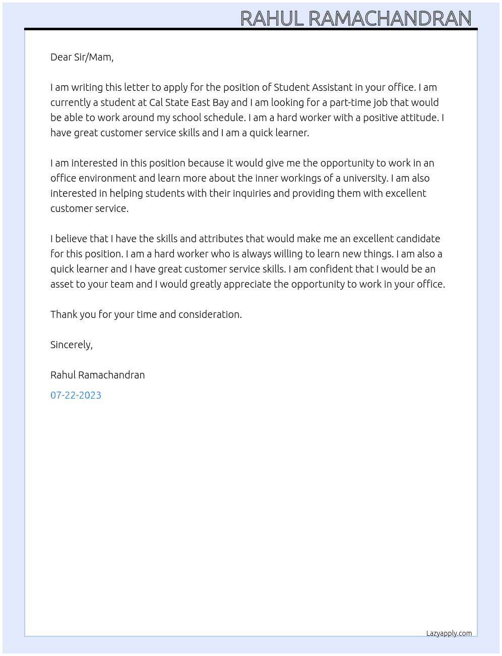 Student assistant  At Office of the registrar, Cal State East Bay Cover Letter
