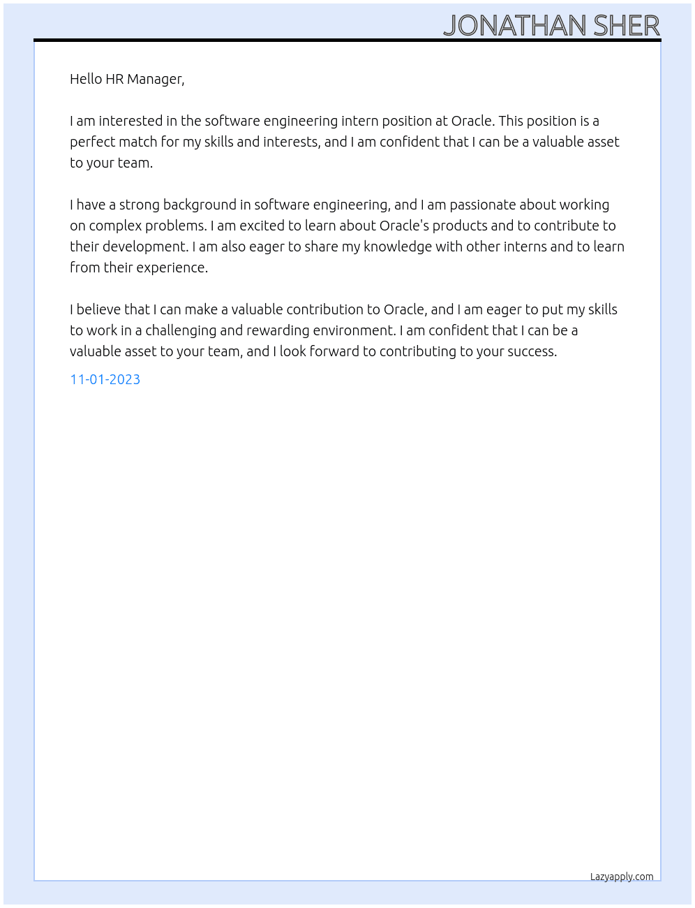 software engineering intern At Oracle Cover Letter