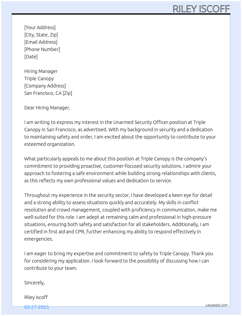 Unarmed Security Officer San Francisco  At Triple Canopy  Cover Letter