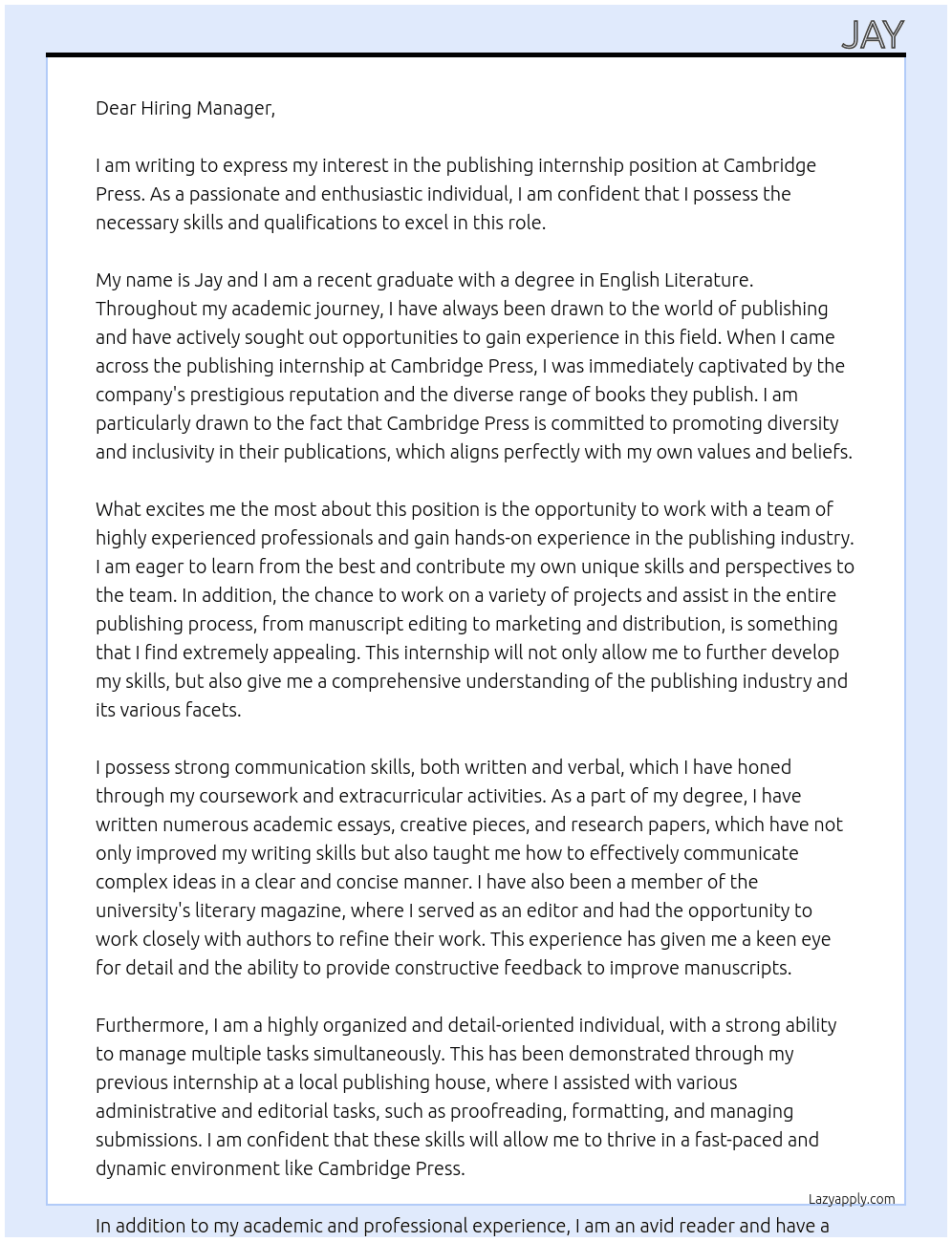 publishing internship At Cambridge Press Cover Letter