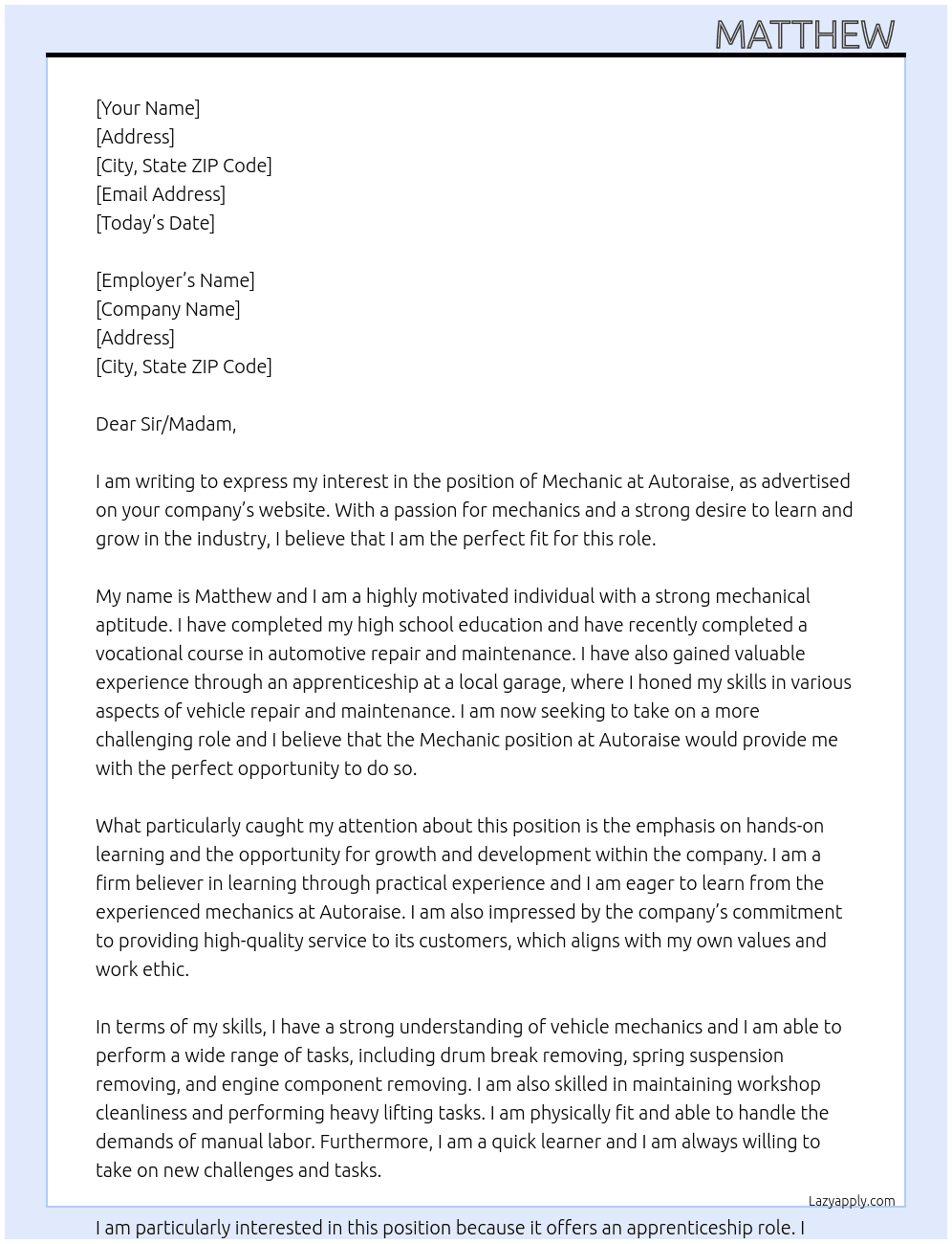 Mechanic  At Autoraise  Cover Letter