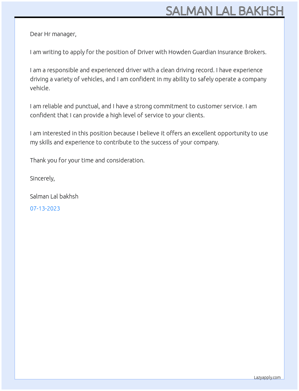 Driver At Howden Guardian Insurance Brokers Cover Letter
