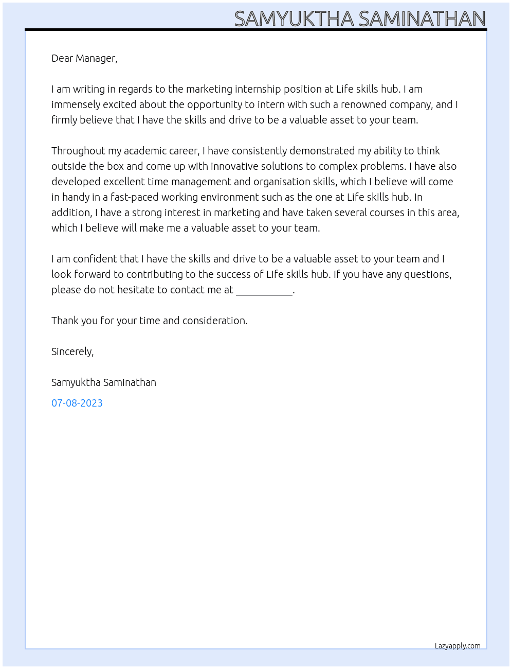 marketing internship At Life skills hub Cover Letter