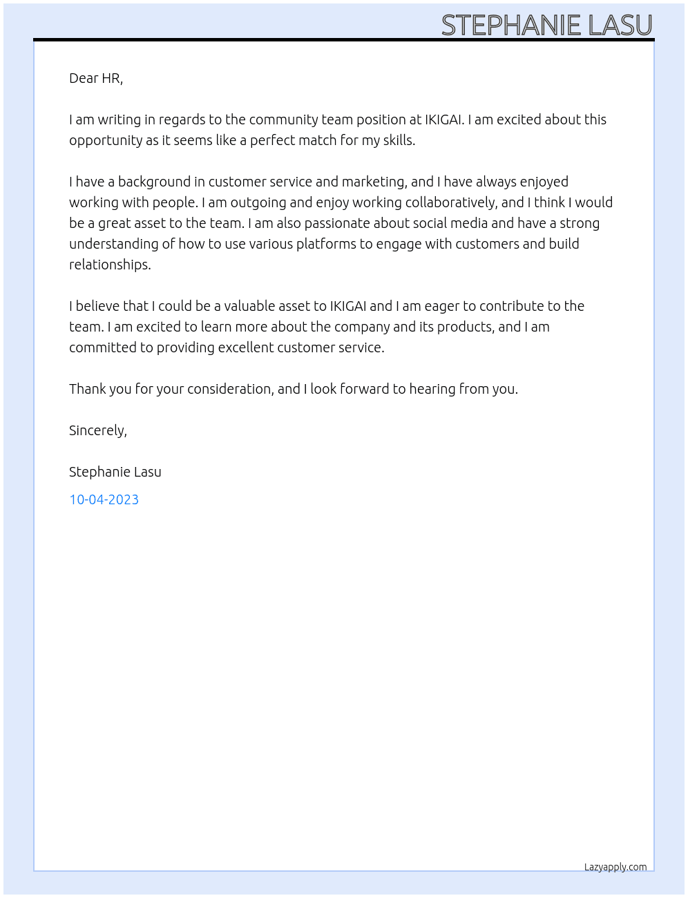 community team At IKIGAI Cover Letter