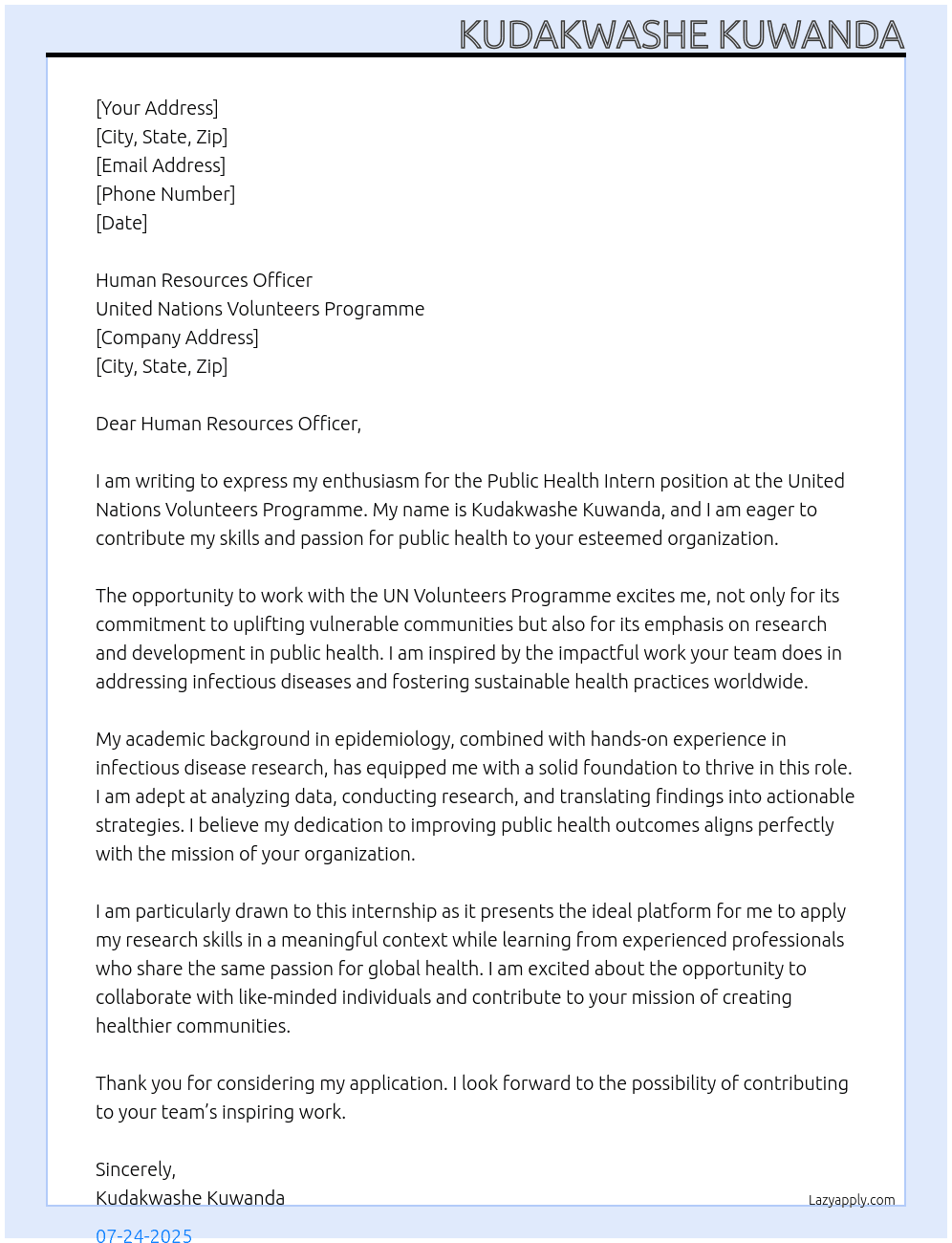 Public Health Intern  At United Nation Volunteers Programme  Cover Letter