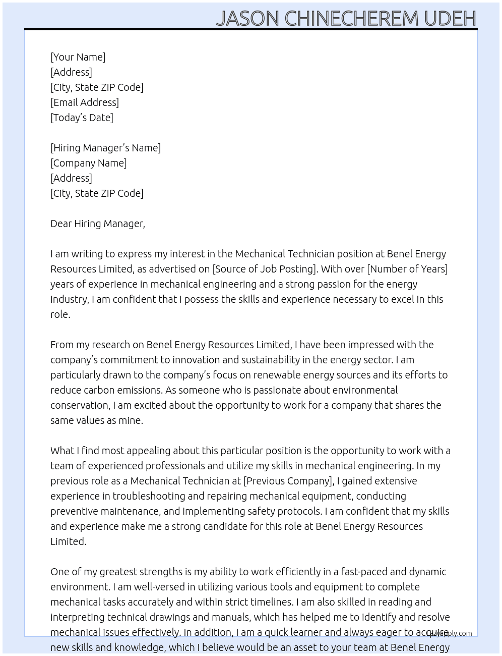 Mechanical Technician At Benel Energy Resources Limited Cover Letter
