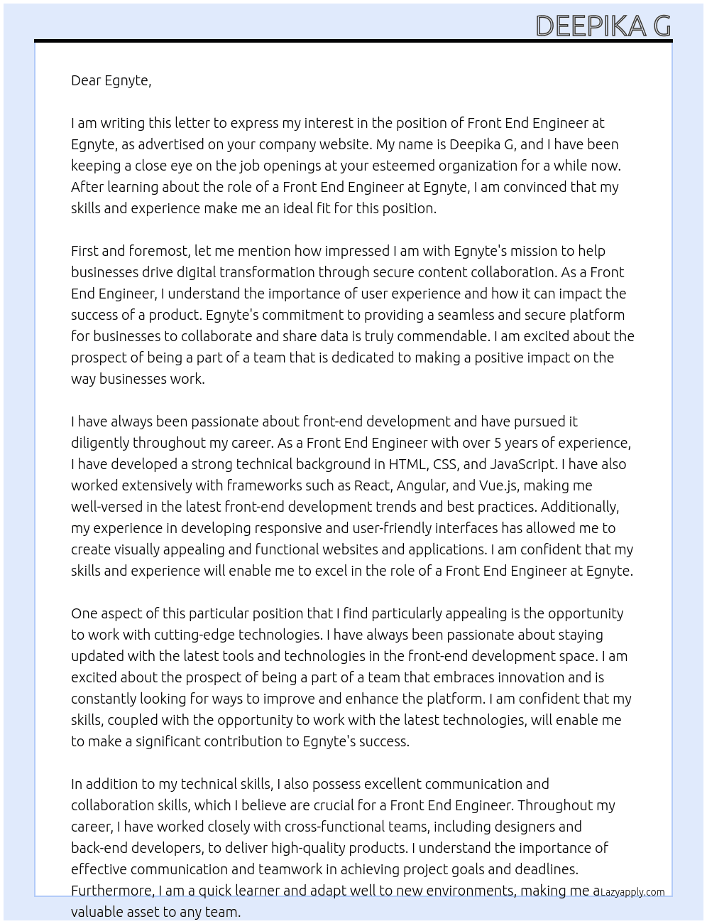 Front end engineer At Egnyte Cover Letter
