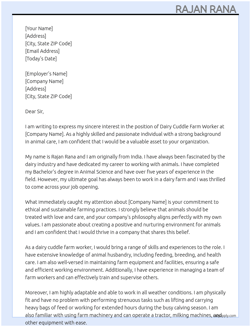 Cover letter for dairy cuddle farm worker - LazyApply
