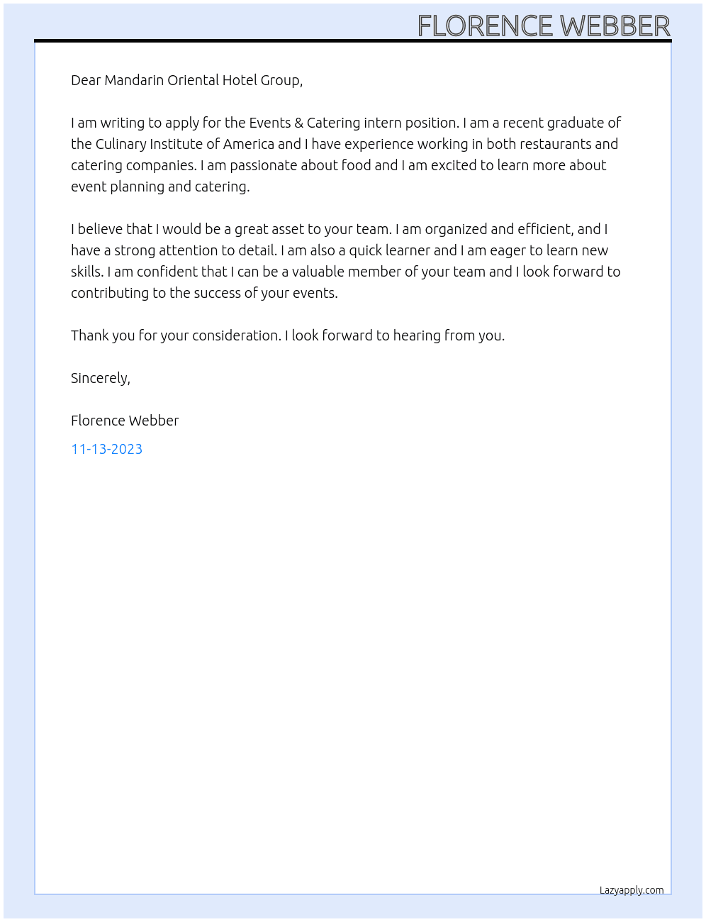 Events & Catering intern At Mandarin Oriental Hotel Group Cover Letter