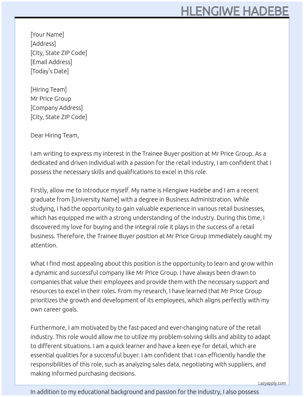 Cover letter for trainee buyer - LazyApply