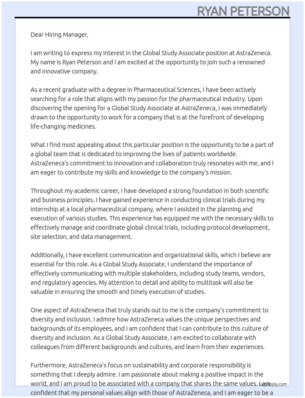 Global Study Associate At AstraZeneca Cover Letter