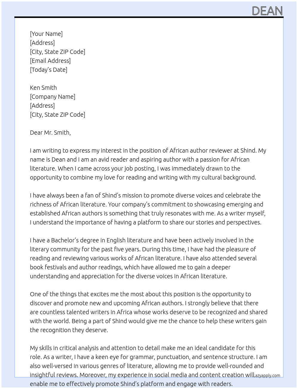 Looking for African authors to post some reviews At shind Cover Letter