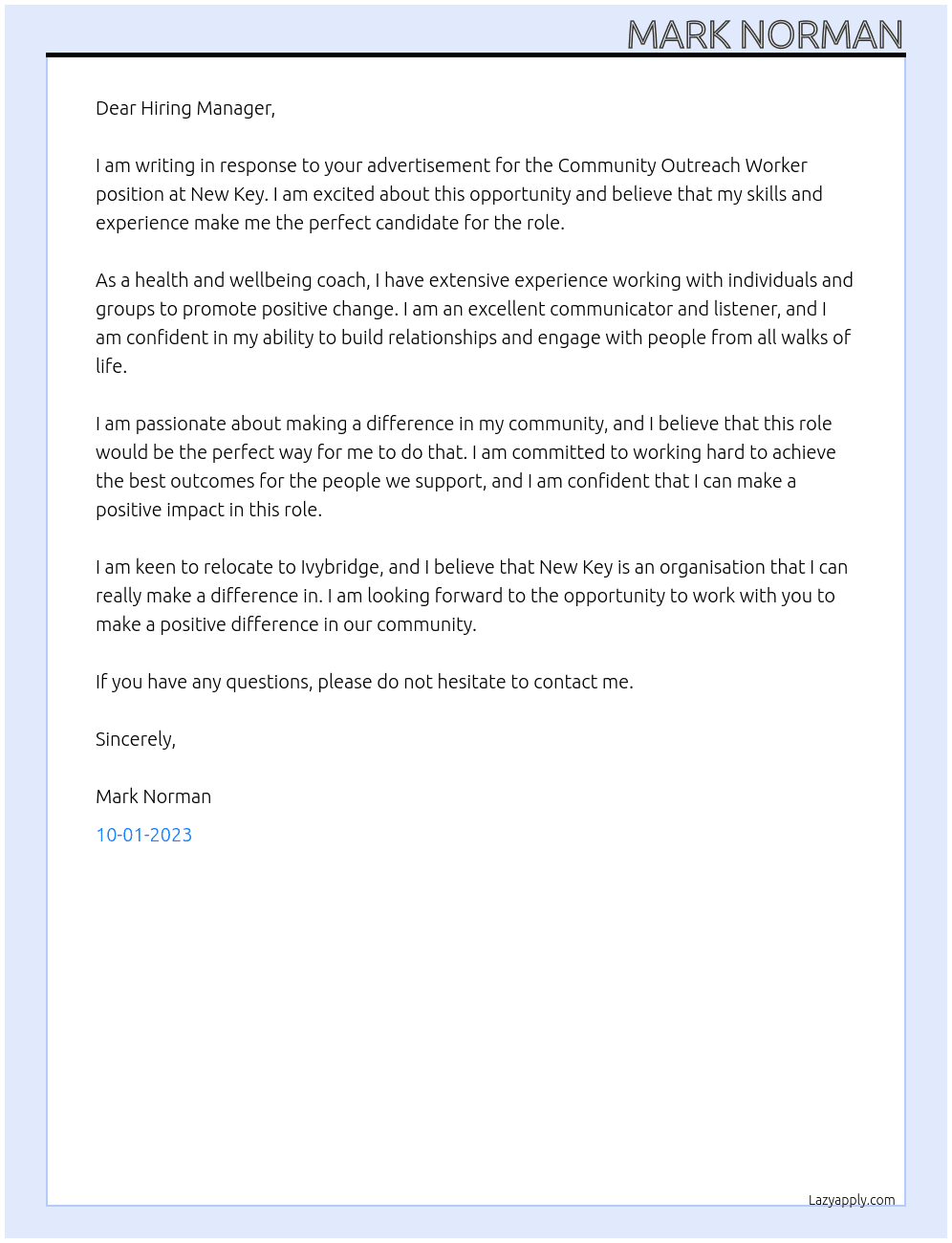 Community Outreach Worker At New Key Cover Letter