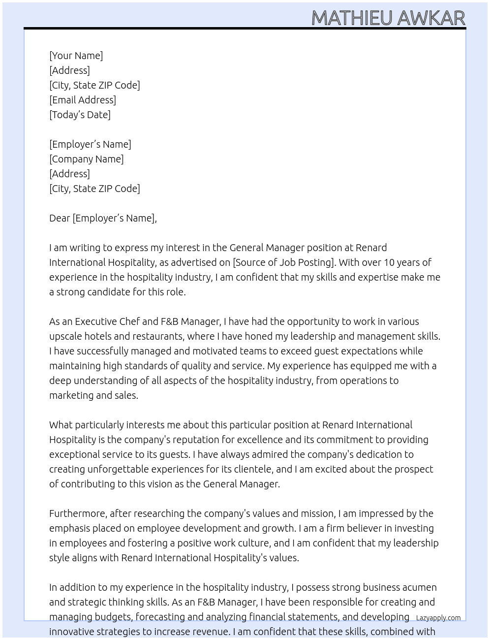 General manager At Renard international hospitality  Cover Letter