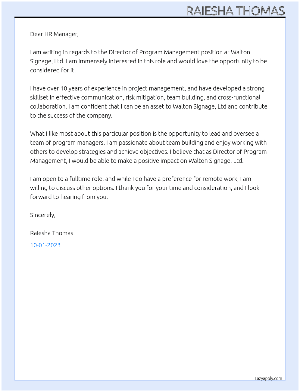 Director of Program Management At Walton Signage, Ltd Cover Letter