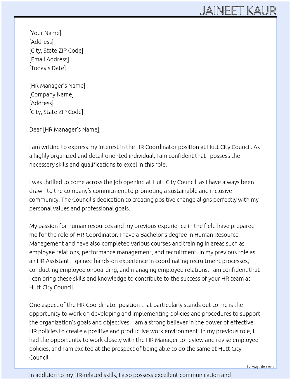 HR coordinator  At Hutt City Council Cover Letter