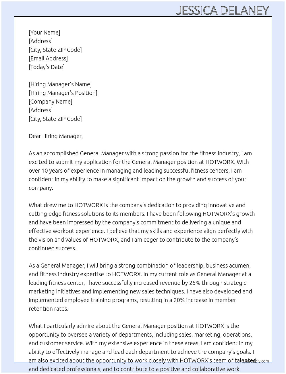 General Manager  At HOTWORX Cover Letter