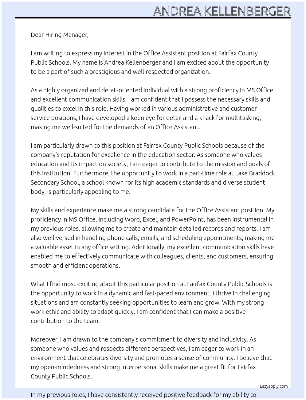 Office Assistant At Fairfax County Public Schools Cover Letter
